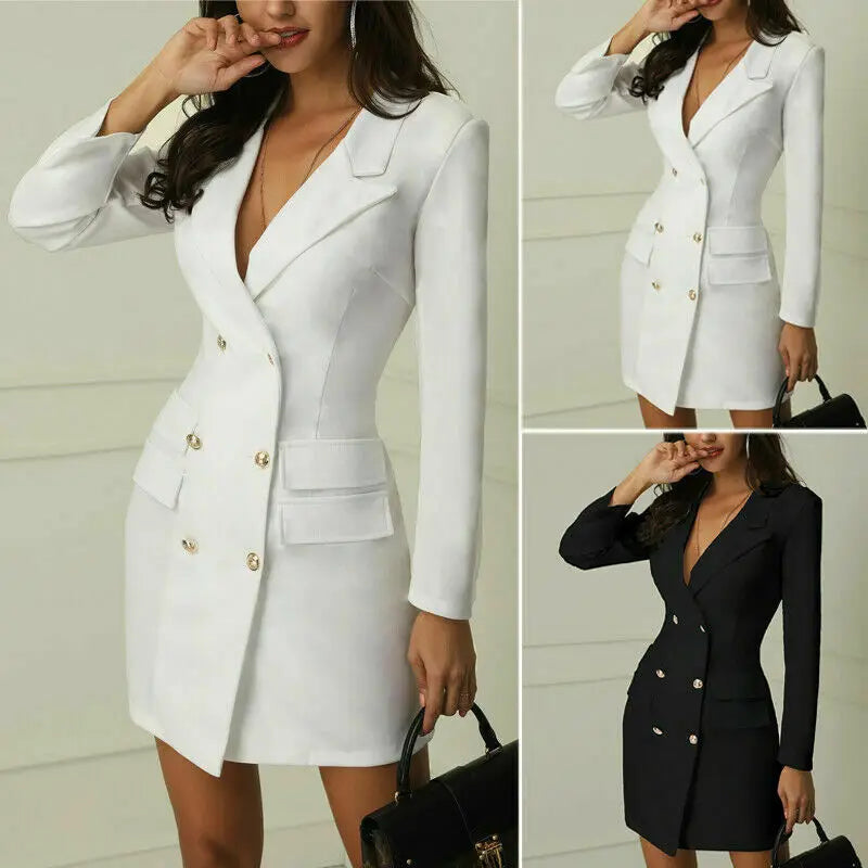 Women Double Breasted Pocket 3/4 Length Jacket/Dress-ADD TO FALL WINTER