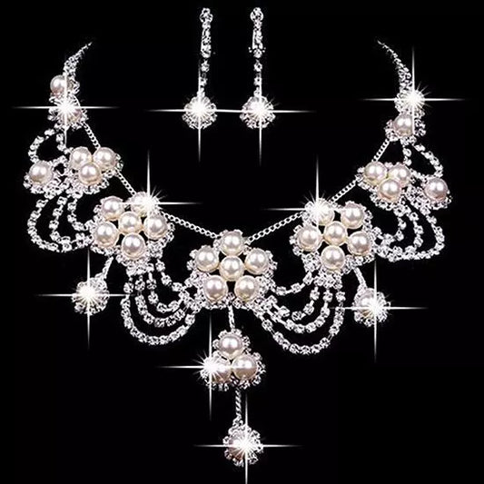 Luxury Rhinestone Faux Pearl Necklace/Earrings