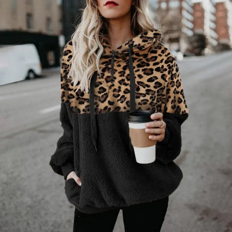 Casual Loose Plush Leopard Hoodies