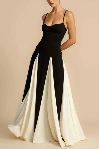 A-line Maxi Elegant Spaghetti Strap Black/White Flare Dress