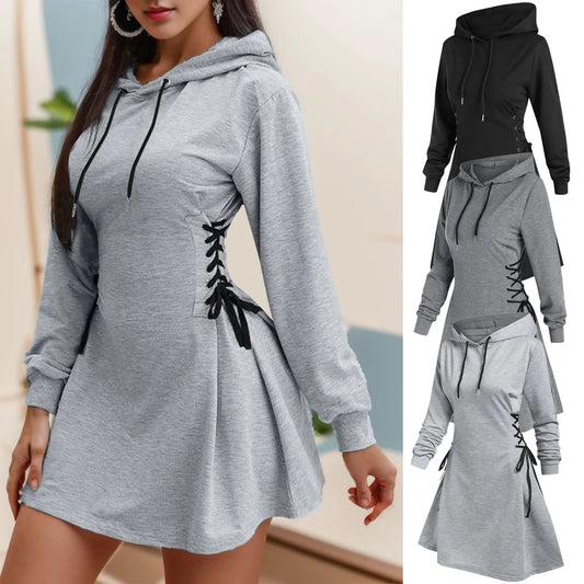 Women Lace-Up Mini Hoodie Dress