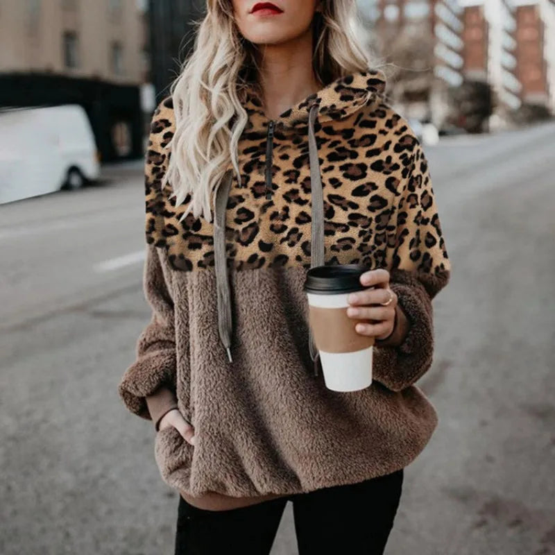 Casual Loose Plush Leopard Hoodies