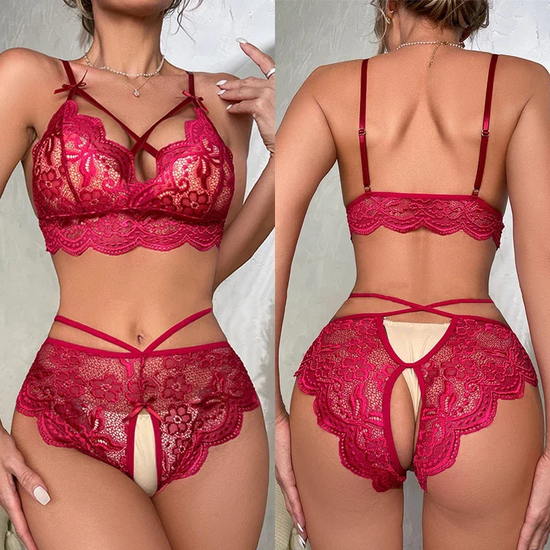 Passion Bloom Crotchless Lace Thong Set