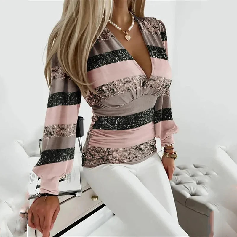 Women's autumn long sleeve, V-neck stripe printed Pullover Top