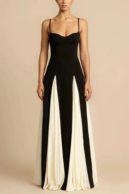 A-line Maxi Elegant Spaghetti Strap Black/White Flare Dress