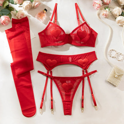 Love Heart Valentine Lingerie With Stockings Set