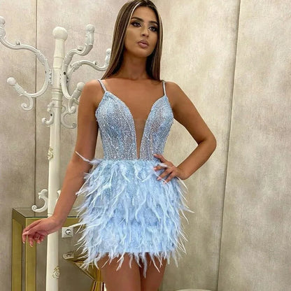 Sexy Backless Feathered Mini Bodycon Dress