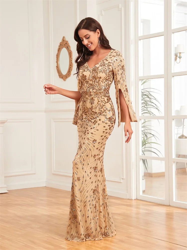 Luxury Evening Sequined Gown With Long Mermaid Sleeves