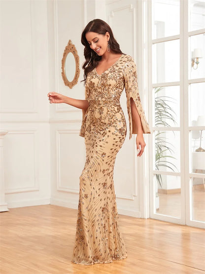 Luxury Evening Sequined Gown With Long Mermaid Sleeves