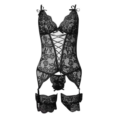 Ensemble de Lingerie en dentelle pour femmes, avec porte-jarretelles, body en dentelle, Teddy avec culotte, Sexy, Transparent, à lacets, robe exotique, nuisette