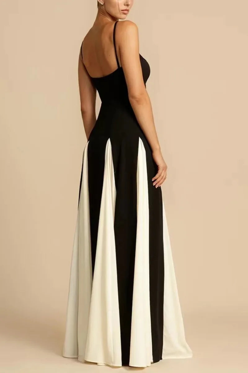 A-line Maxi Elegant Spaghetti Strap Black/White Flare Dress