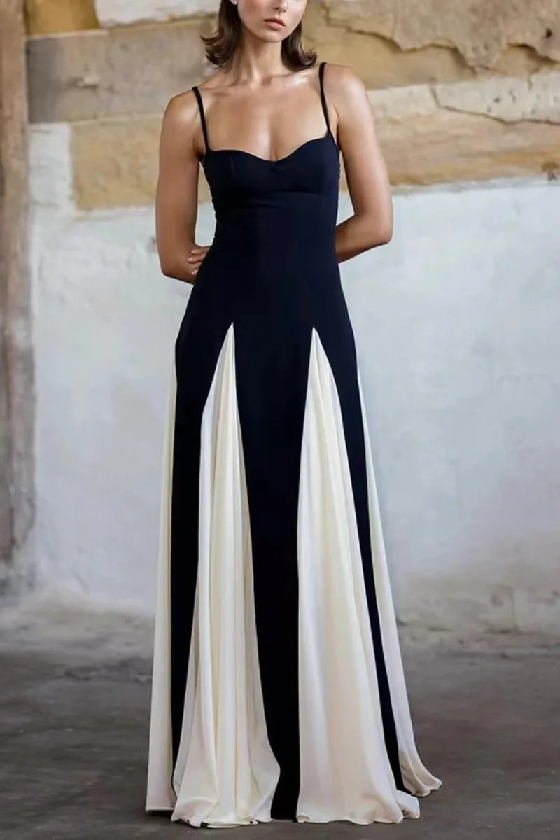 A-line Maxi Elegant Spaghetti Strap Black/White Flare Dress