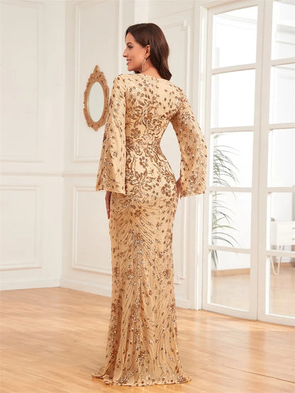 Luxury Evening Sequined Gown With Long Mermaid Sleeves